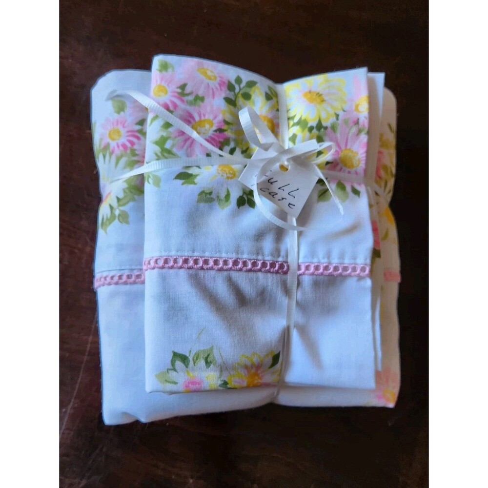 VTG MORGAN JONES "MAYTIME" Full Flat Muslin Sheet & Pillowcase Pink/White Floral